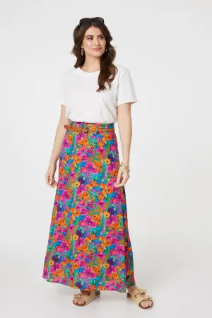 Floral Print Belted A-Line Maxi Skirt