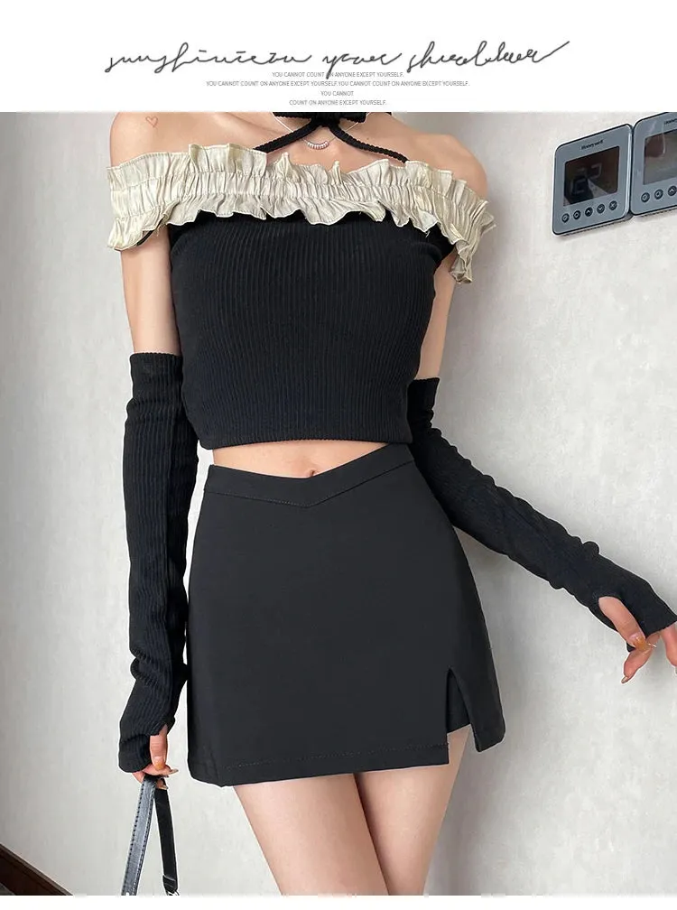 Girlary Black Suit Skirt For Women Spring And Autumn New Casual High Waist Slit Hip Skirt A-line Skirts