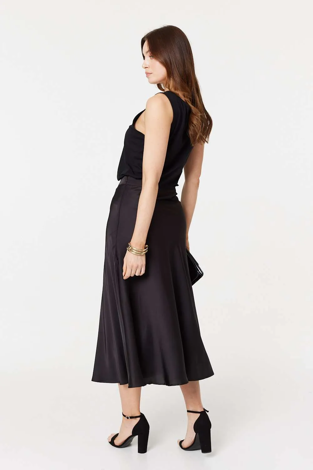 High Waist A-Line Midi Slip Skirt