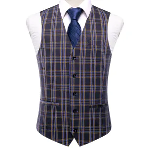 Navy Blue Yellow Plaid Silk Men's Single Vest Waistcoat