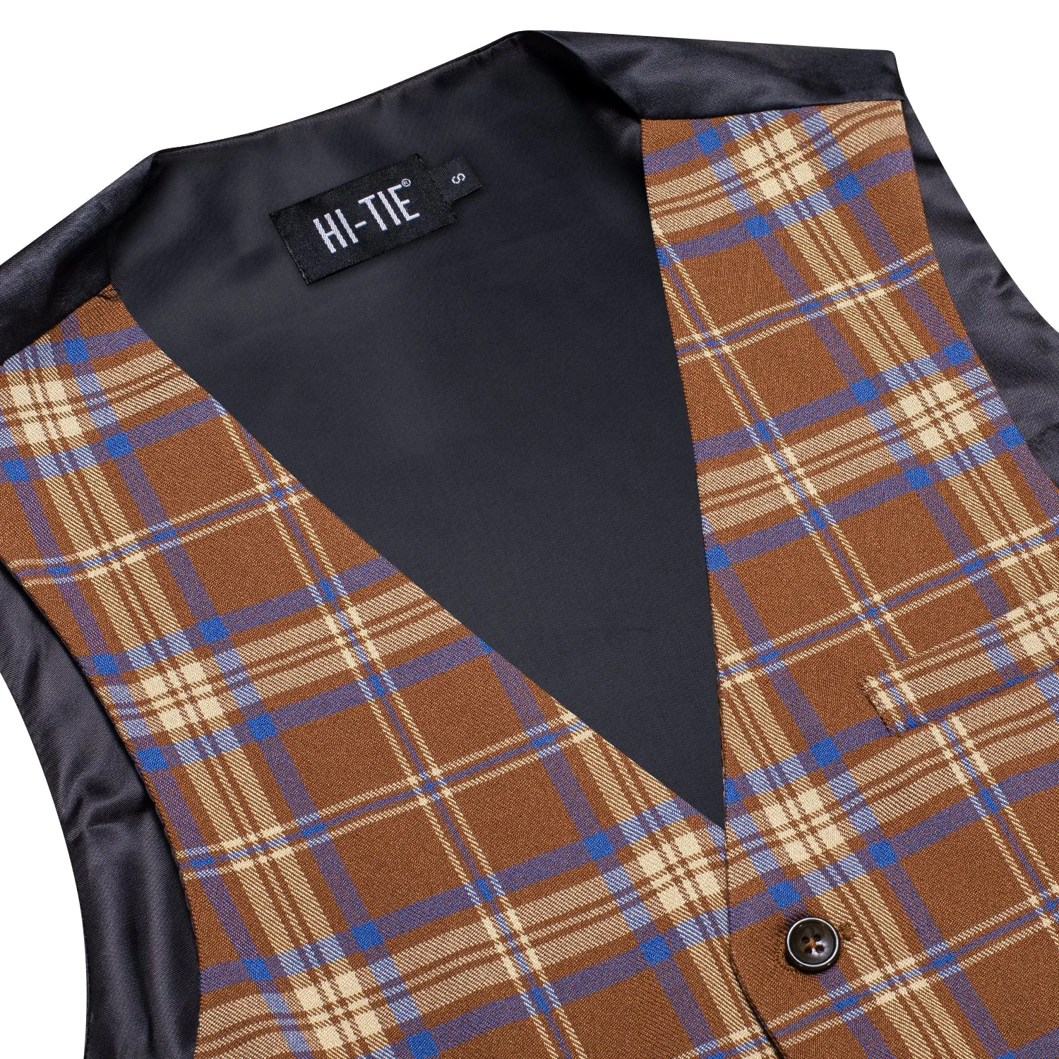 Orange Brown Yellow Plaid Silk Men's Single Vest Waistcoat