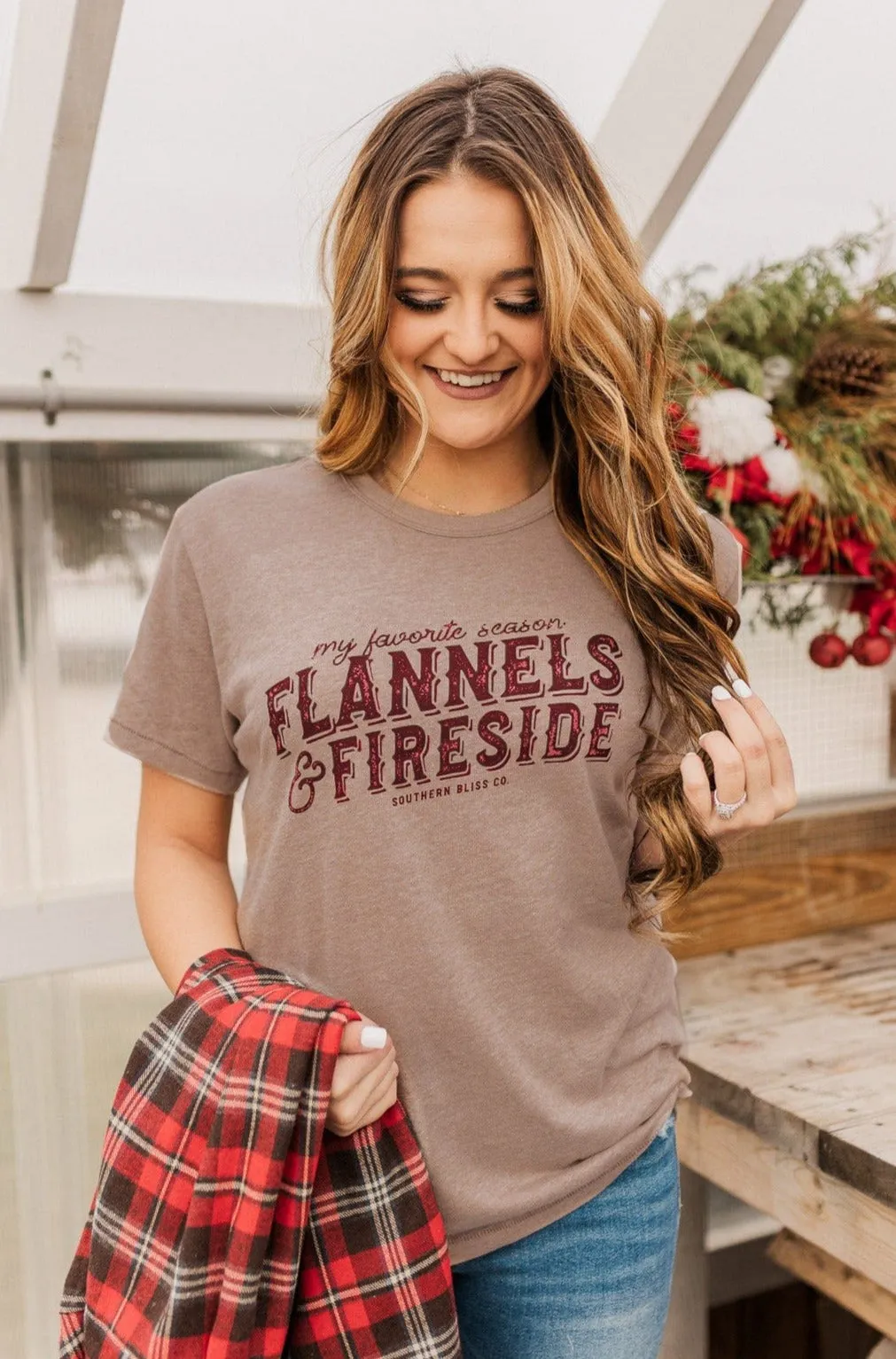 "Flannels & Fireside" Graphic Tee- Light Mocha