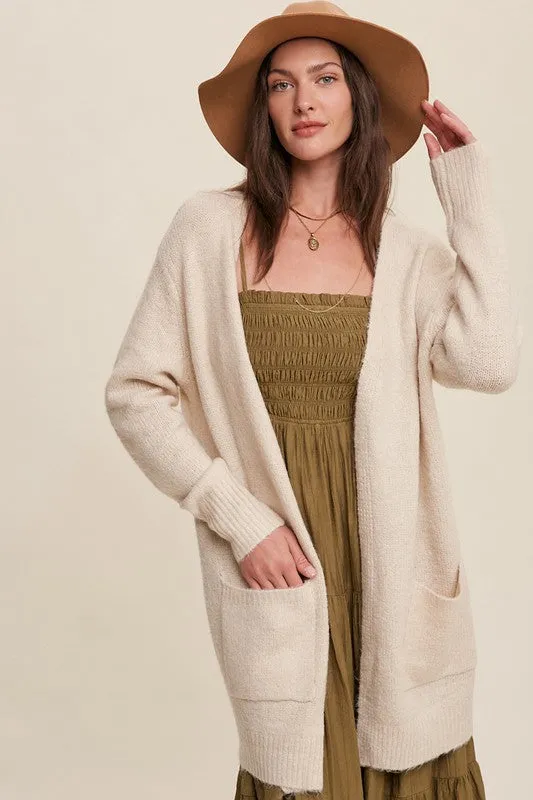 Two Pocket Open-Front Long Knit Cardigan // Natural or Olive