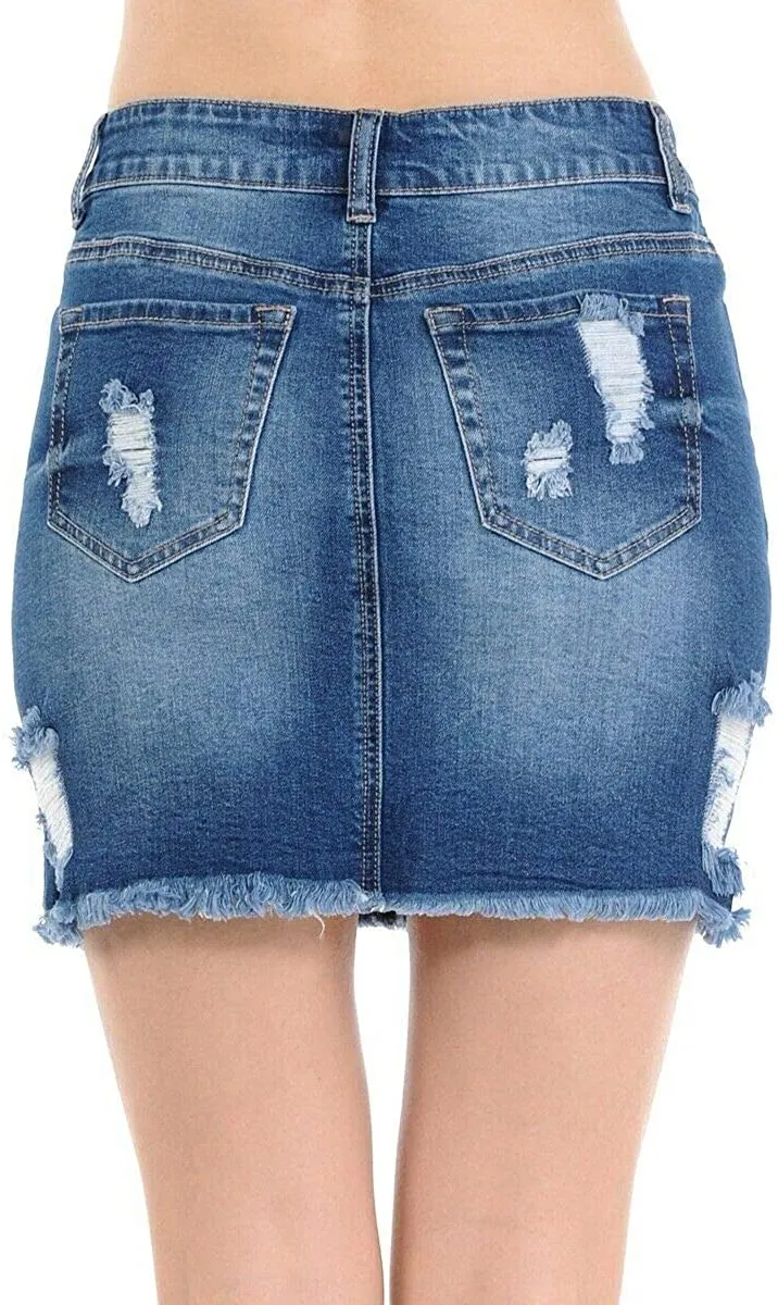 Wax Women's Distressed A-Line Denim Short Skirt