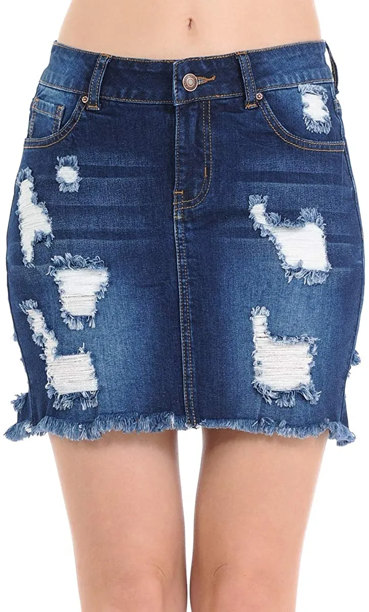 Wax Women's Distressed A-Line Denim Short Skirt