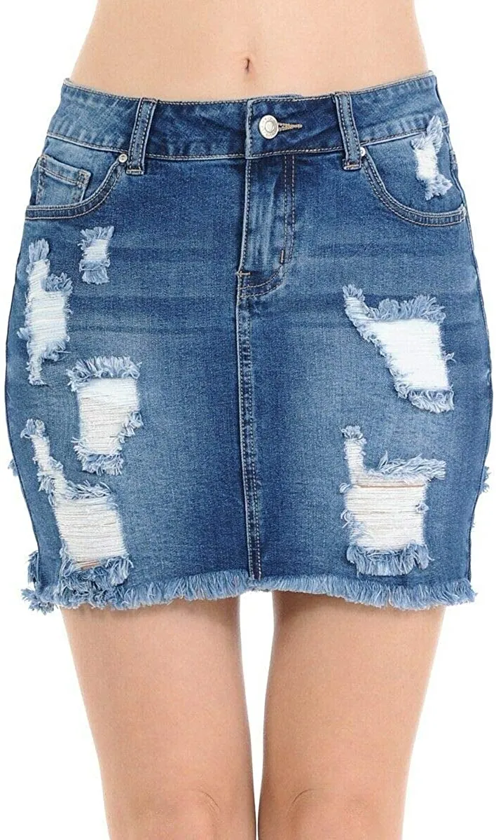 Wax Women's Distressed A-Line Denim Short Skirt