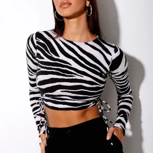 Zebra-stripe Side Drawstring Crop Long Sleeve Tee